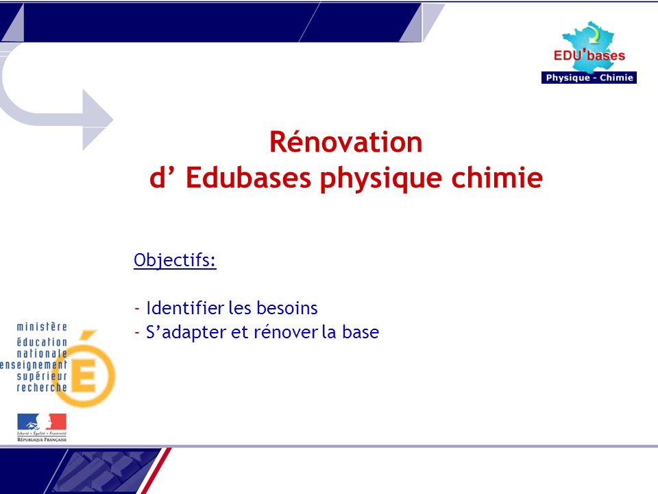 Rénovation d Edubases physique chimie Objectifs: - Identifier les besoins - Sadapter et rénover la base