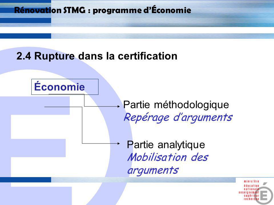 E 21 Rénovation STMG : programme dÉconomie 2.4 Rupture dans la certification Économie Partie analytique Mobilisation des arguments Partie méthodologique Repérage darguments