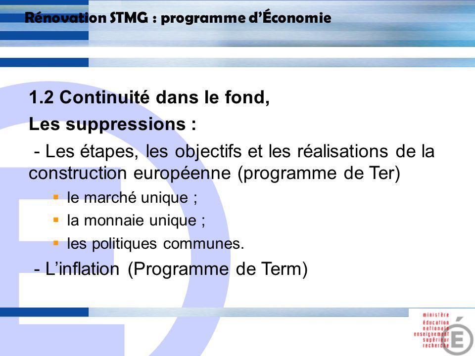 E 7 Rénovation STMG : programme dÉconomie 1.2 Continuité dans le fond, Les suppressions : - Les étapes, les objectifs et les réalisations de la construction européenne (programme de Ter) le marché unique ; la monnaie unique ; les politiques communes.