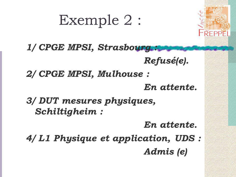 Exemple 2 : 1/ CPGE MPSI, Strasbourg : Refusé(e). 2/ CPGE MPSI, Mulhouse : En attente.