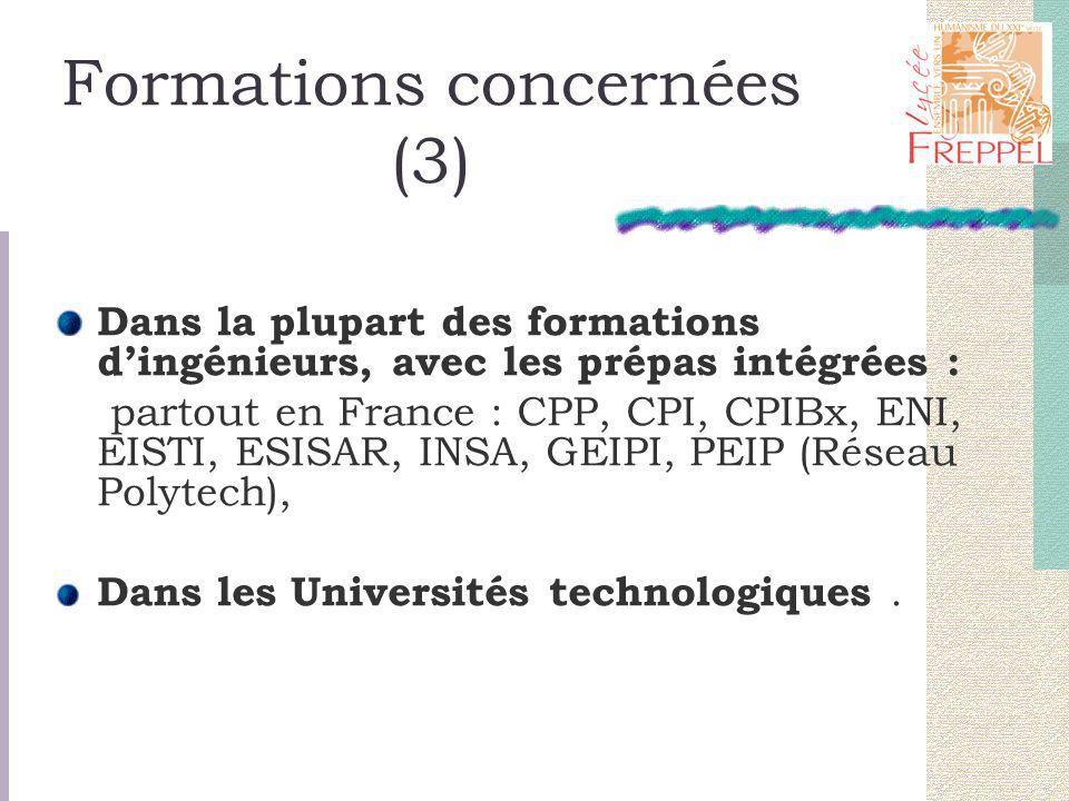 Formations concernées (3) Dans la plupart des formations dingénieurs, avec les prépas intégrées : partout en France : CPP, CPI, CPIBx, ENI, EISTI, ESISAR, INSA, GEIPI, PEIP (Réseau Polytech), Dans les Universités technologiques.