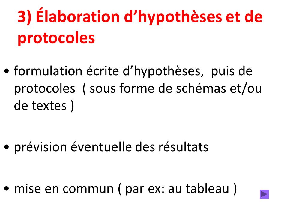 3) Élaboration dhypothèses et de protocoles formulation écrite dhypothèses, puis de protocoles ( sous forme de schémas et/ou de textes ) prévision éventuelle des résultats mise en commun ( par ex: au tableau )