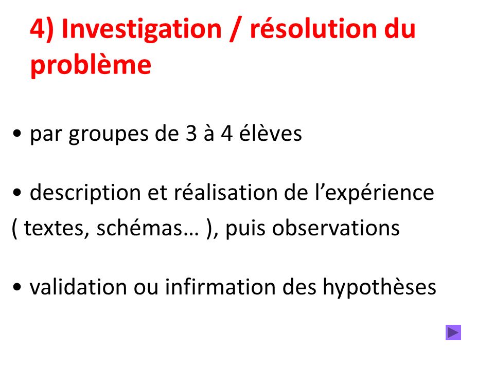 4) Investigation / résolution du problème par groupes de 3 à 4 élèves description et réalisation de lexpérience ( textes, schémas… ), puis observations validation ou infirmation des hypothèses