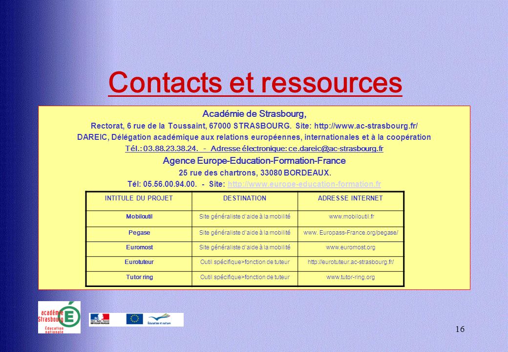 16 Contacts et ressources Académie de Strasbourg, Rectorat, 6 rue de la Toussaint, STRASBOURG.