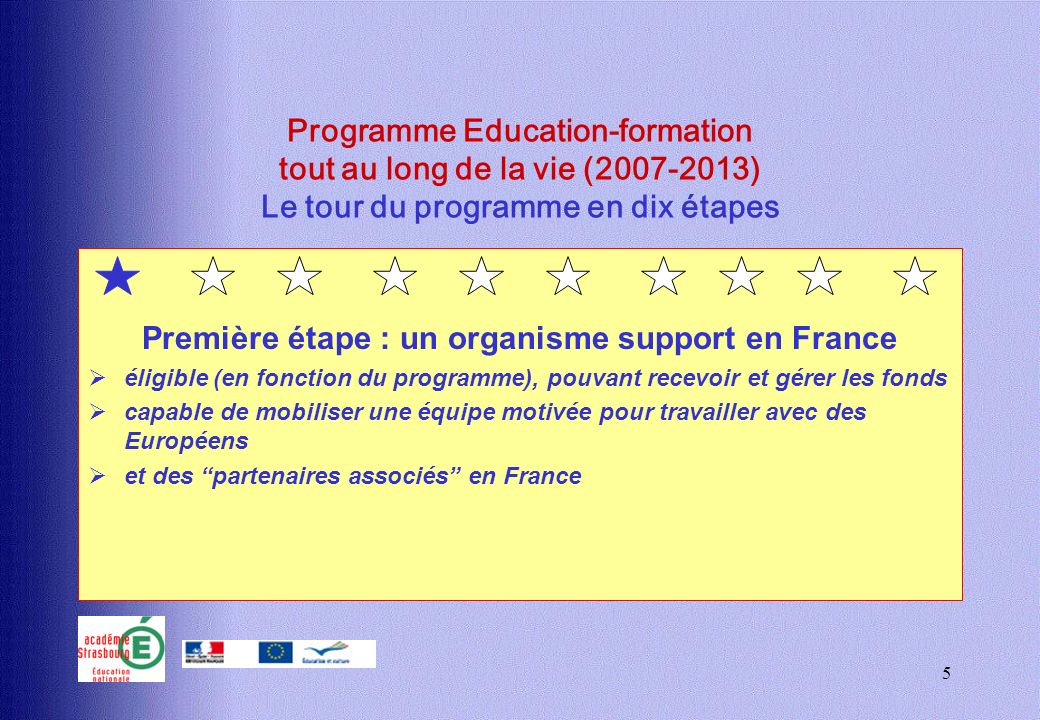 5 Programme Education-formation tout au long de la vie ( ) Le tour du programme en dix étapes Première étape : un organisme support en France éligible (en fonction du programme), pouvant recevoir et gérer les fonds capable de mobiliser une équipe motivée pour travailler avec des Européens et des partenaires associés en France