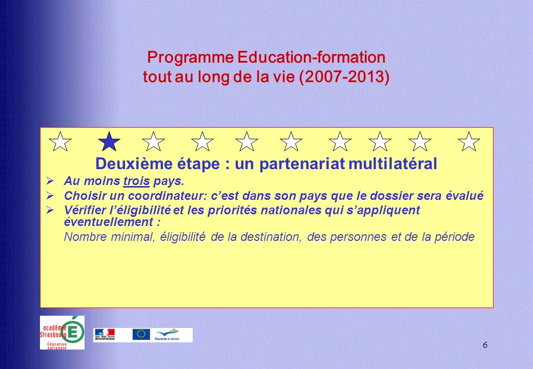 6 Programme Education-formation tout au long de la vie ( ) Deuxième étape : un partenariat multilatéral Au moins trois pays.