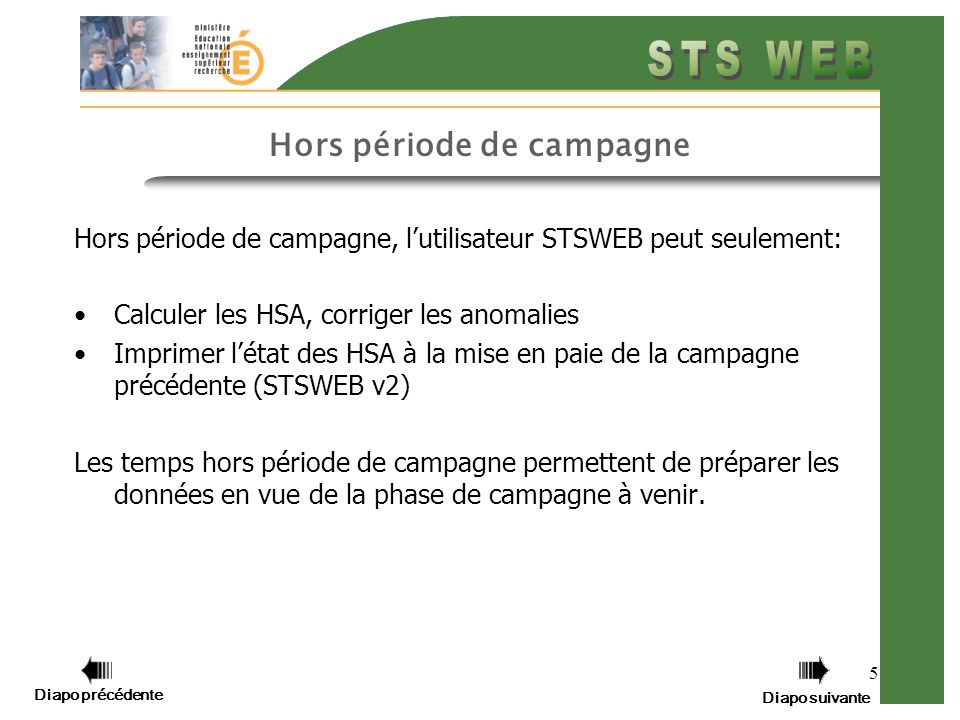 Diapo précédente Diapo suivante 5 Hors période de campagne Hors période de campagne, lutilisateur STSWEB peut seulement: Calculer les HSA, corriger les anomalies Imprimer létat des HSA à la mise en paie de la campagne précédente (STSWEB v2) Les temps hors période de campagne permettent de préparer les données en vue de la phase de campagne à venir.