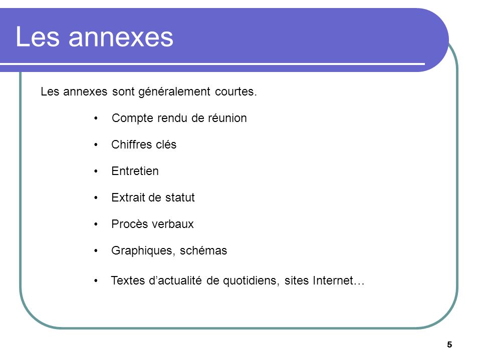 5 Les annexes Compte rendu de réunion Chiffres clés Entretien Extrait de statut Procès verbaux Graphiques, schémas Les annexes sont généralement courtes.