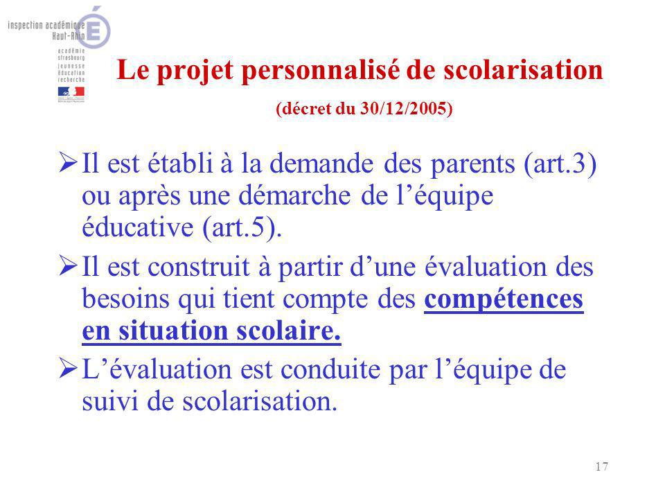 17 Le projet personnalisé de scolarisation (décret du 30/12/2005) Il est établi à la demande des parents (art.3) ou après une démarche de léquipe éducative (art.5).