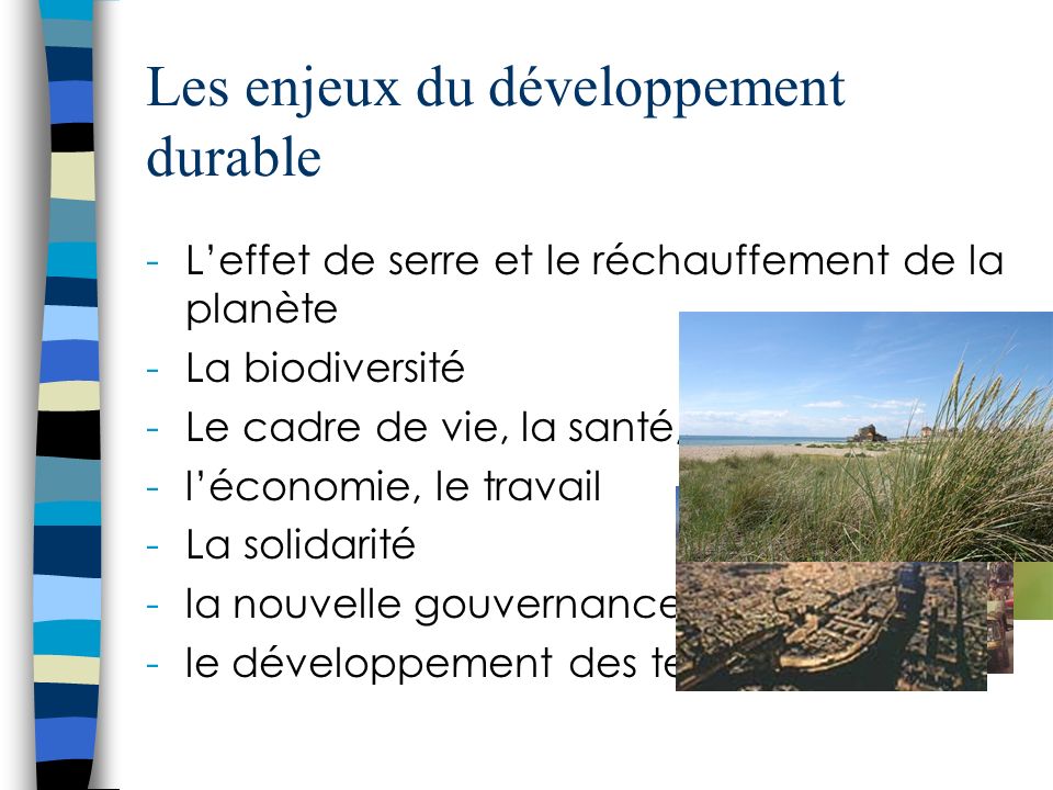 Les enjeux du développement durable -Leffet de serre et le réchauffement de la planète -La biodiversité -Le cadre de vie, la santé, lalimentation -léconomie, le travail -La solidarité -la nouvelle gouvernance -le développement des territoires