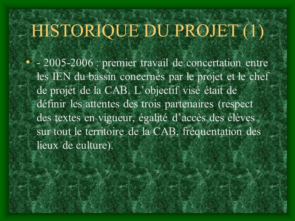 HISTORIQUE DU PROJET (1) : premier travail de concertation entre les IEN du bassin concernés par le projet et le chef de projet de la CAB.