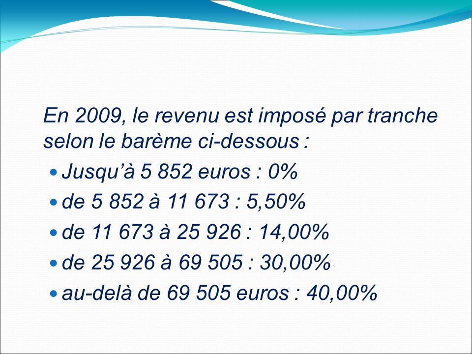 En 2009, le revenu est imposé par tranche selon le barème ci-dessous : Jusquà euros : 0% de à : 5,50% de à : 14,00% de à : 30,00% au-delà de euros : 40,00%