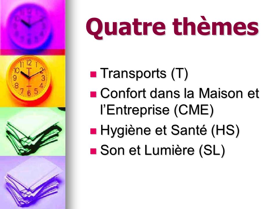 Quatre thèmes Transports (T) Transports (T) Confort dans la Maison et lEntreprise (CME) Confort dans la Maison et lEntreprise (CME) Hygiène et Santé (HS) Hygiène et Santé (HS) Son et Lumière (SL) Son et Lumière (SL)