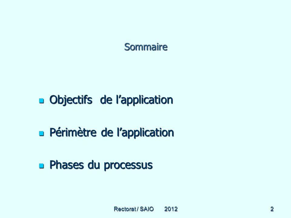 Rectorat / SAIO Sommaire Objectifs de lapplication Objectifs de lapplication Périmètre de lapplication Périmètre de lapplication Phases du processus Phases du processus
