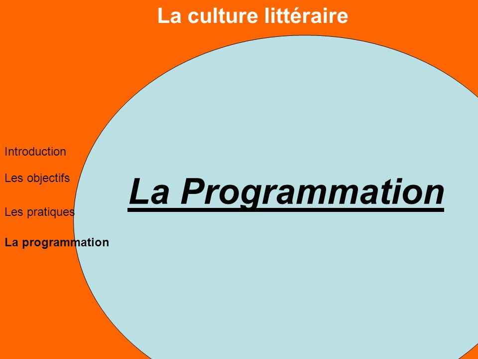 La culture littéraire Les objectifs Les pratiques La programmation Introduction La Programmation