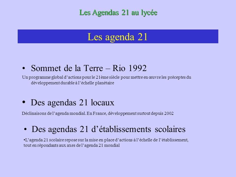 Les agenda 21 Sommet de la Terre – Rio 1992 Un programme global dactions pour le 21ème siècle pour mettre en œuvre les préceptes du développement durable à léchelle planétaire Les Agendas 21 au lycée Des agendas 21 locaux Déclinaisons de lagenda mondial.