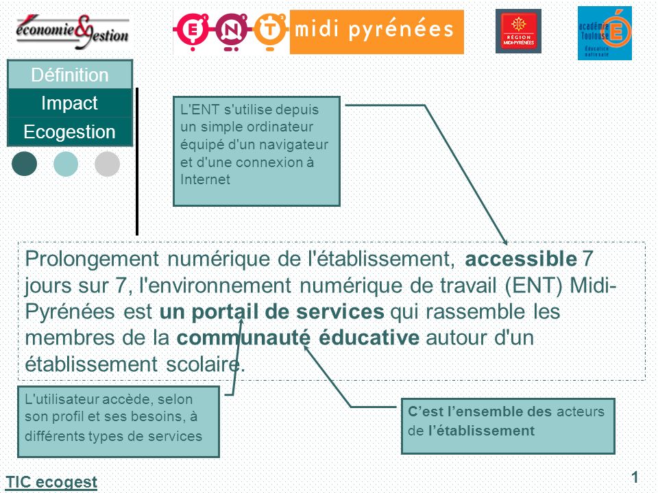 Définition Impact Ecogestion 1 TIC ecogest Prolongement numérique de l établissement, accessible 7 jours sur 7, l environnement numérique de travail (ENT) Midi- Pyrénées est un portail de services qui rassemble les membres de la communauté éducative autour d un établissement scolaire.