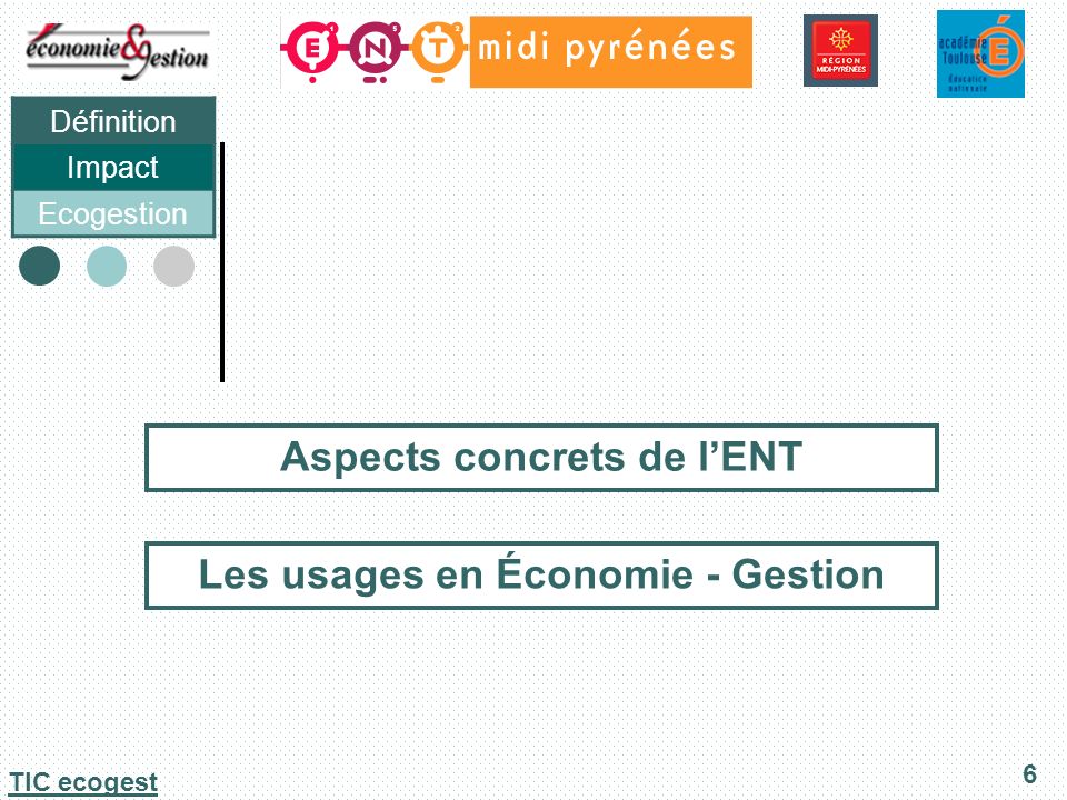 Définition Impact Ecogestion 6 TIC ecogest Aspects concrets de lENT Les usages en Économie - Gestion
