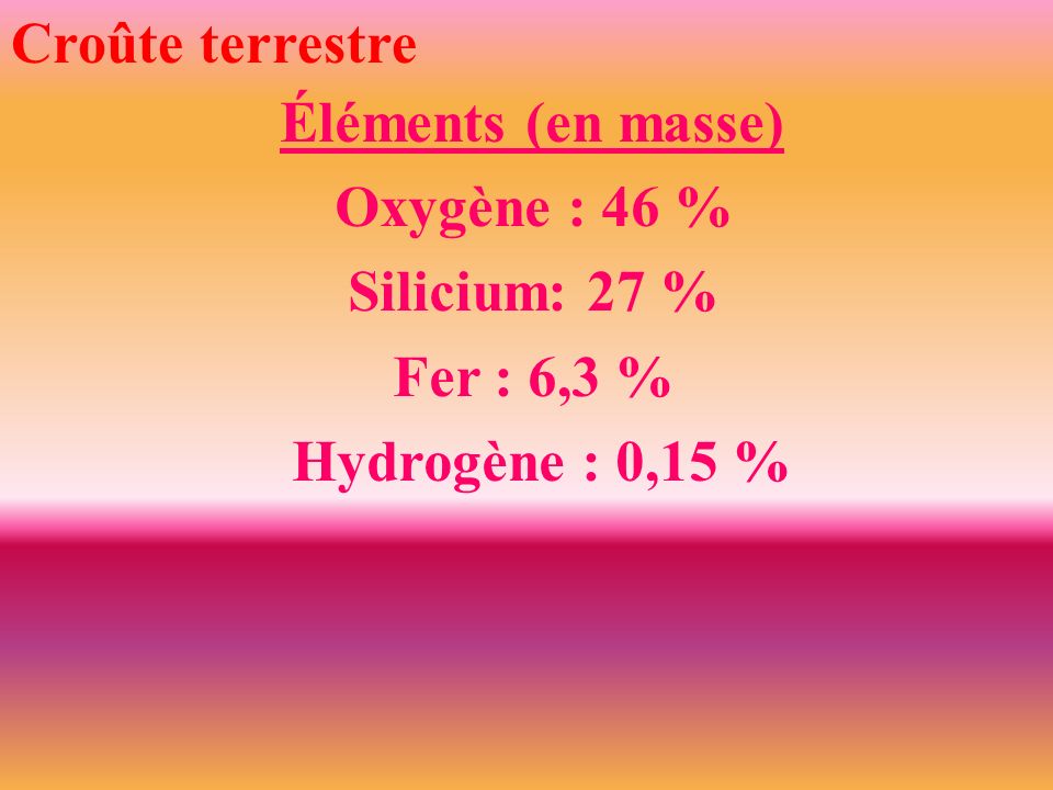 Éléments (en masse) Oxygène : 46 % Silicium: 27 % Fer : 6,3 % Hydrogène : 0,15 % Croûte terrestre