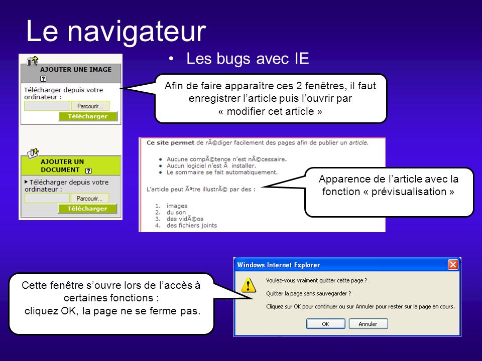 Le navigateur Les bugs avec IE Cette fenêtre souvre lors de laccès à certaines fonctions : cliquez OK, la page ne se ferme pas.