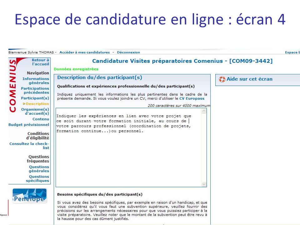Espace de candidature en ligne : écran 4