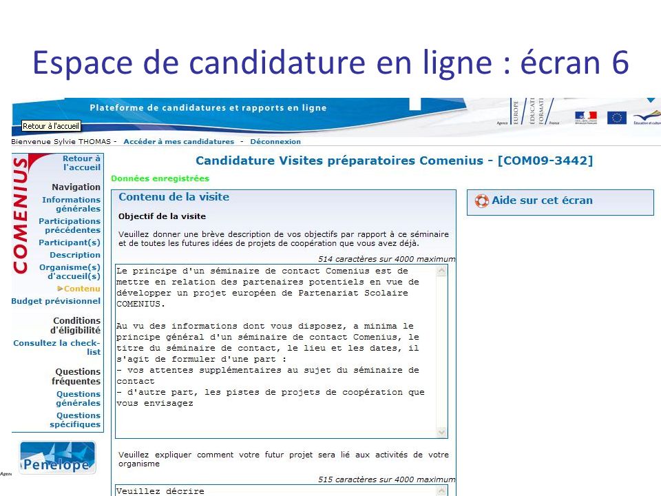 Espace de candidature en ligne : écran 6