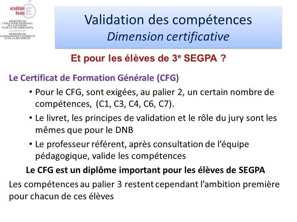 Validation des compétences Dimension certificative Validation des compétences Dimension certificative Le Certificat de Formation Générale (CFG) Pour le CFG, sont exigées, au palier 2, un certain nombre de compétences, (C1, C3, C4, C6, C7).