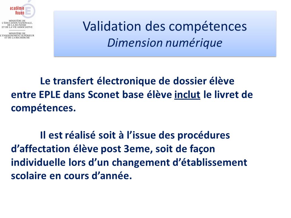 Le transfert électronique de dossier élève entre EPLE dans Sconet base élève inclut le livret de compétences.