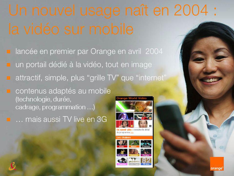 Un nouvel usage naît en 2004 : la vidéo sur mobile lancée en premier par Orange en avril 2004 un portail dédié à la vidéo, tout en image attractif, simple, plus grille TV que internet contenus adaptés au mobile (technologie, durée, cadrage, programmation …) … mais aussi TV live en 3G