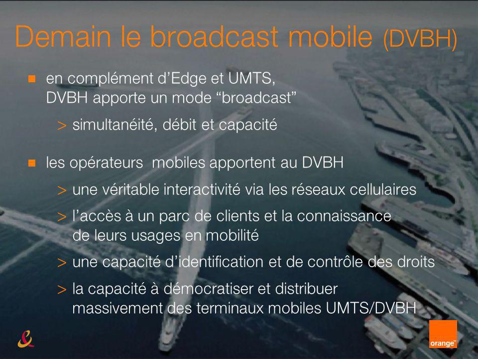 Demain le broadcast mobile (DVBH) en complément dEdge et UMTS, DVBH apporte un mode broadcast > simultanéité, débit et capacité les opérateurs mobiles apportent au DVBH > une véritable interactivité via les réseaux cellulaires > laccès à un parc de clients et la connaissance de leurs usages en mobilité > une capacité didentification et de contrôle des droits > la capacité à démocratiser et distribuer massivement des terminaux mobiles UMTS/DVBH