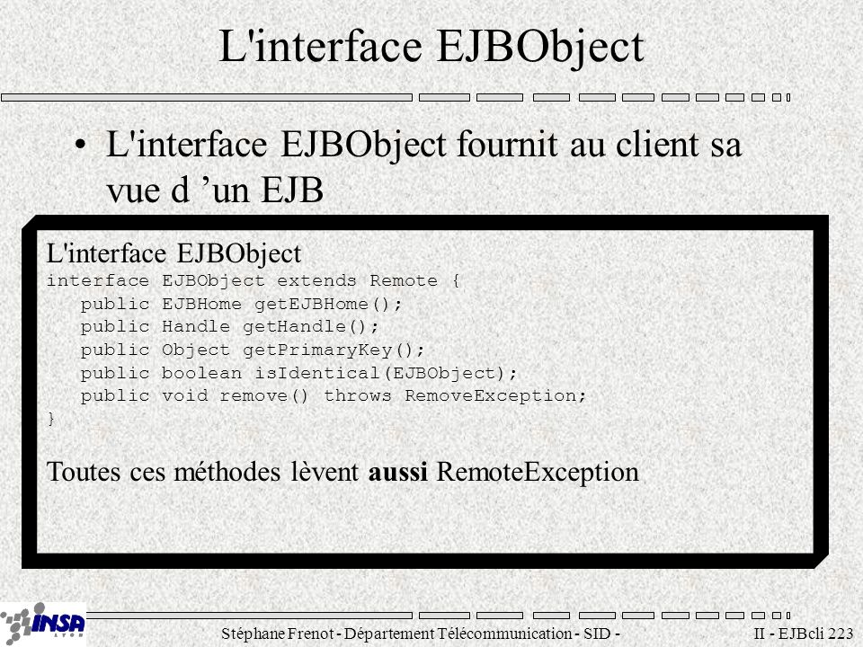 Stéphane Frenot - Département Télécommunication - SID - II - EJBcli 223 L interface EJBObject L interface EJBObject fournit au client sa vue d un EJB L interface EJBObject interface EJBObject extends Remote { public EJBHome getEJBHome(); public Handle getHandle(); public Object getPrimaryKey(); public boolean isIdentical(EJBObject); public void remove() throws RemoveException; } Toutes ces méthodes lèvent aussi RemoteException