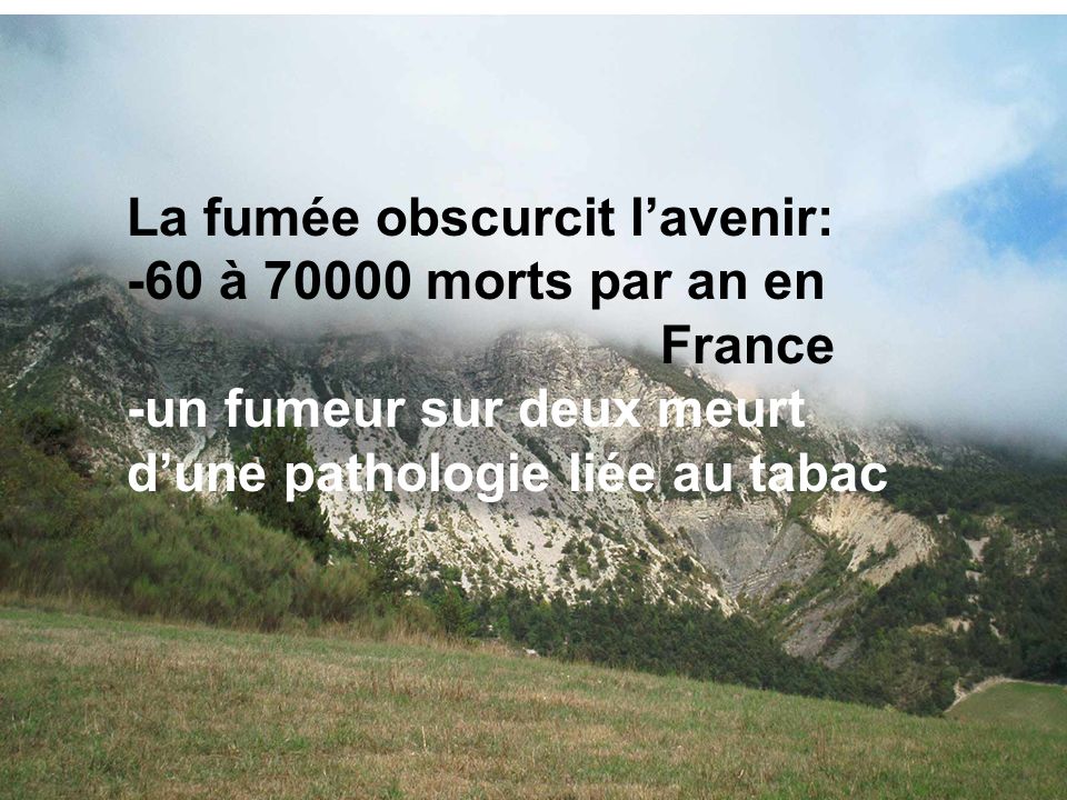 La fumée obscurcit lavenir: -60 à morts par an en France -un fumeur sur deux meurt dune pathologie liée au tabac