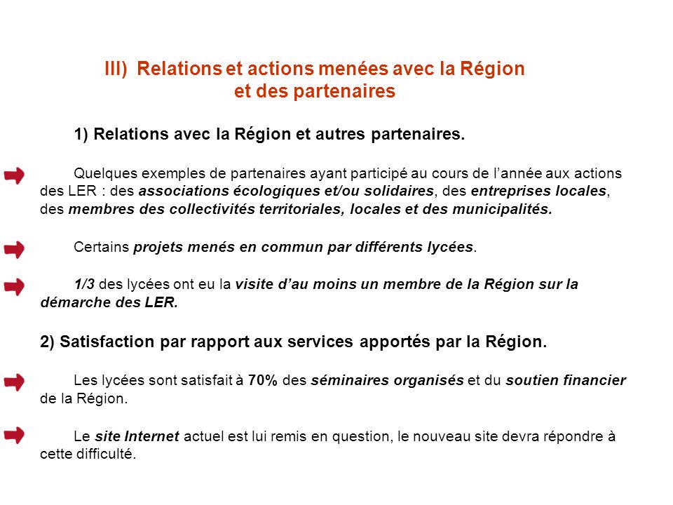 III) Relations et actions menées avec la Région et des partenaires 1) Relations avec la Région et autres partenaires.