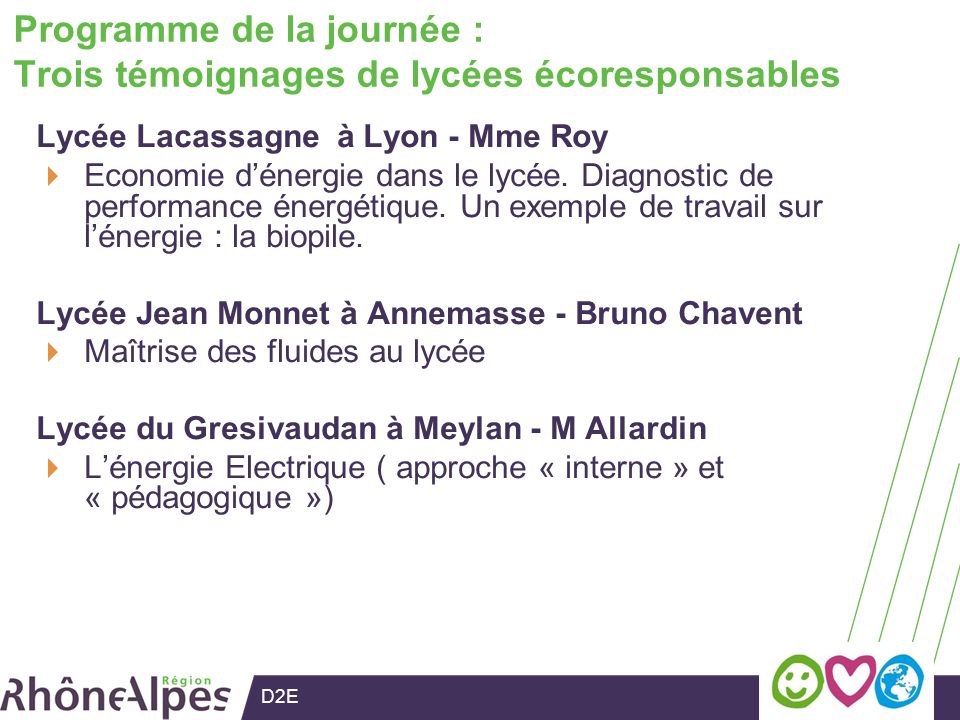 D2E Programme de la journée : Trois témoignages de lycées écoresponsables Lycée Lacassagne à Lyon - Mme Roy Economie dénergie dans le lycée.