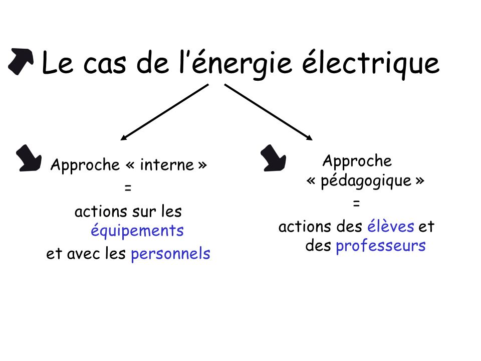 Le cas de lénergie électrique Approche « interne » = actions sur les équipements et avec les personnels Approche « pédagogique » = actions des élèves et des professeurs