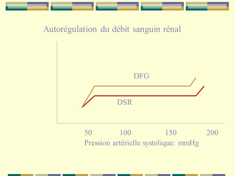Autorégulation du débit sanguin rénal Pression artérielle systolique: mmHg DSR DFG