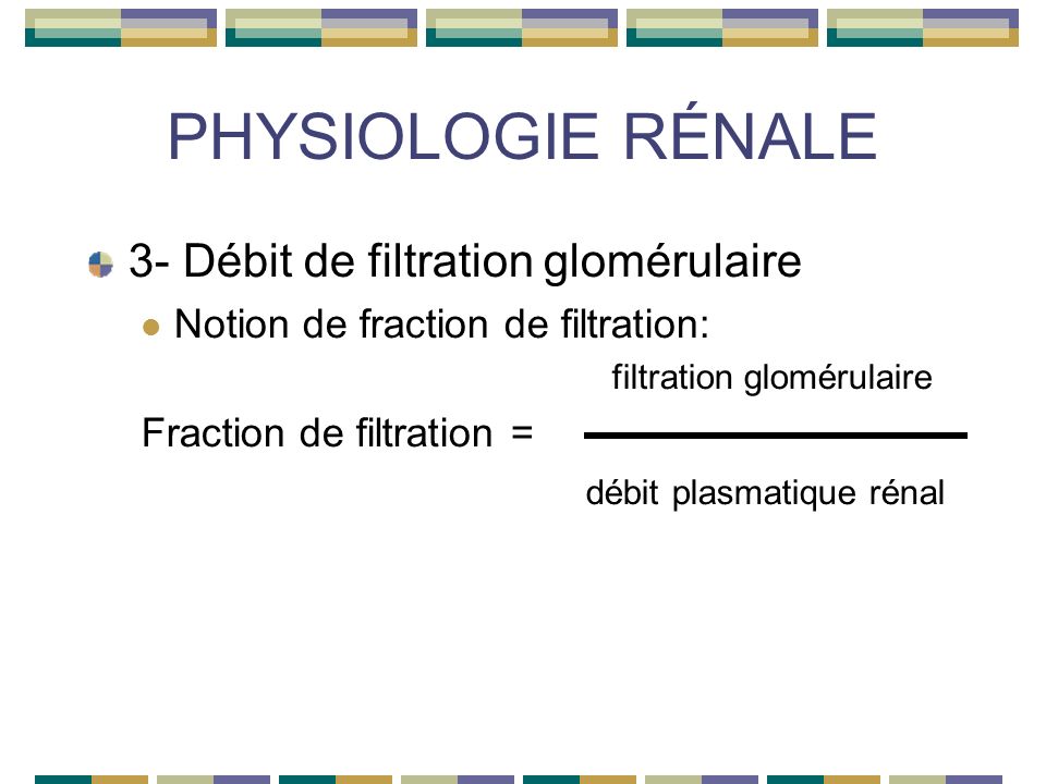 PHYSIOLOGIE RÉNALE 3- Débit de filtration glomérulaire Notion de fraction de filtration: filtration glomérulaire Fraction de filtration = débit plasmatique rénal