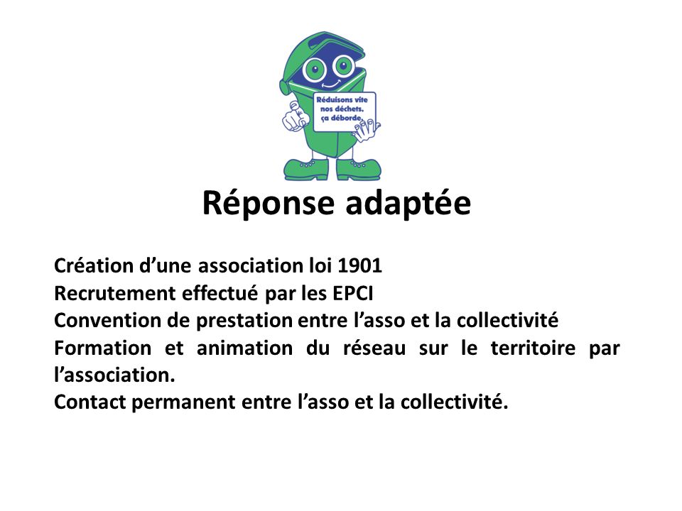 Réponse adaptée Création dune association loi 1901 Recrutement effectué par les EPCI Convention de prestation entre lasso et la collectivité Formation et animation du réseau sur le territoire par lassociation.
