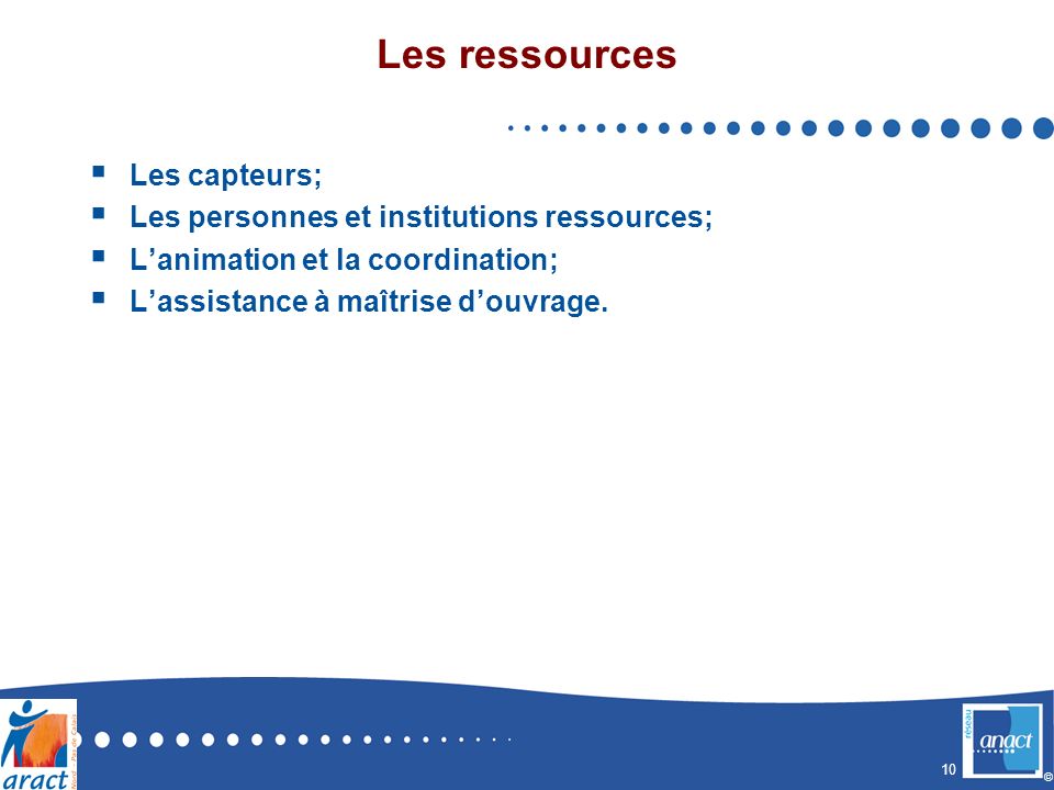 10 © Les ressources Les capteurs; Les personnes et institutions ressources; Lanimation et la coordination; Lassistance à maîtrise douvrage.