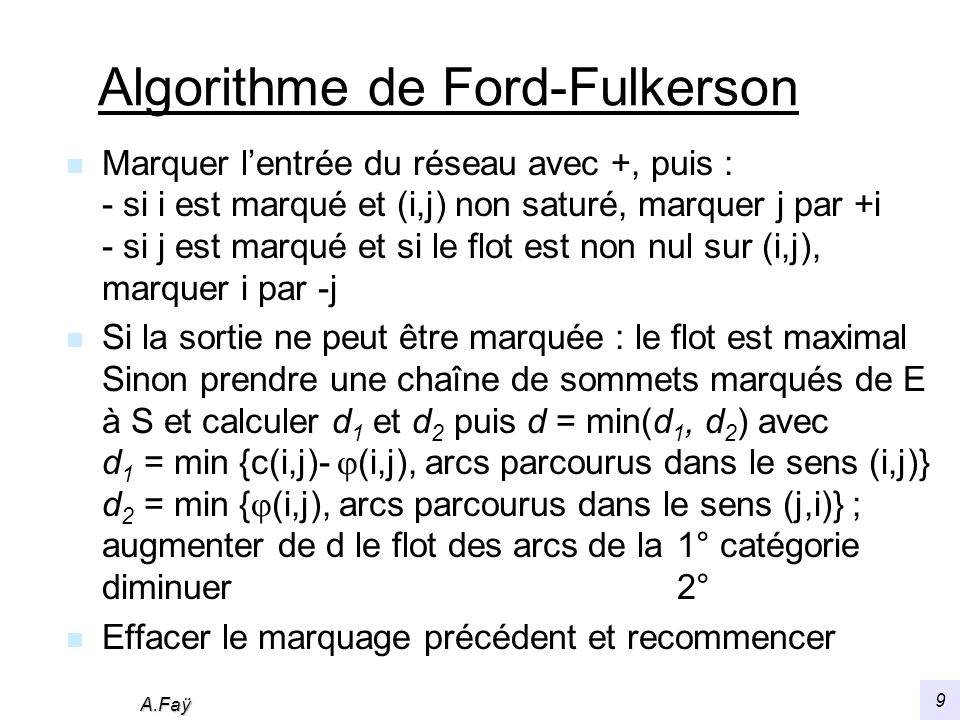 A.Faÿ 9 Algorithme de Ford-Fulkerson n Marquer lentrée du réseau avec +, puis : - si i est marqué et (i,j) non saturé, marquer j par +i - si j est marqué et si le flot est non nul sur (i,j), marquer i par -j n Si la sortie ne peut être marquée : le flot est maximal Sinon prendre une chaîne de sommets marqués de E à S et calculer d 1 et d 2 puis d = min(d 1, d 2 ) avec d 1 = min {c(i,j)- (i,j), arcs parcourus dans le sens (i,j)} d 2 = min { (i,j), arcs parcourus dans le sens (j,i)} ; augmenter de d le flot des arcs de la1° catégorie diminuer2° n Effacer le marquage précédent et recommencer