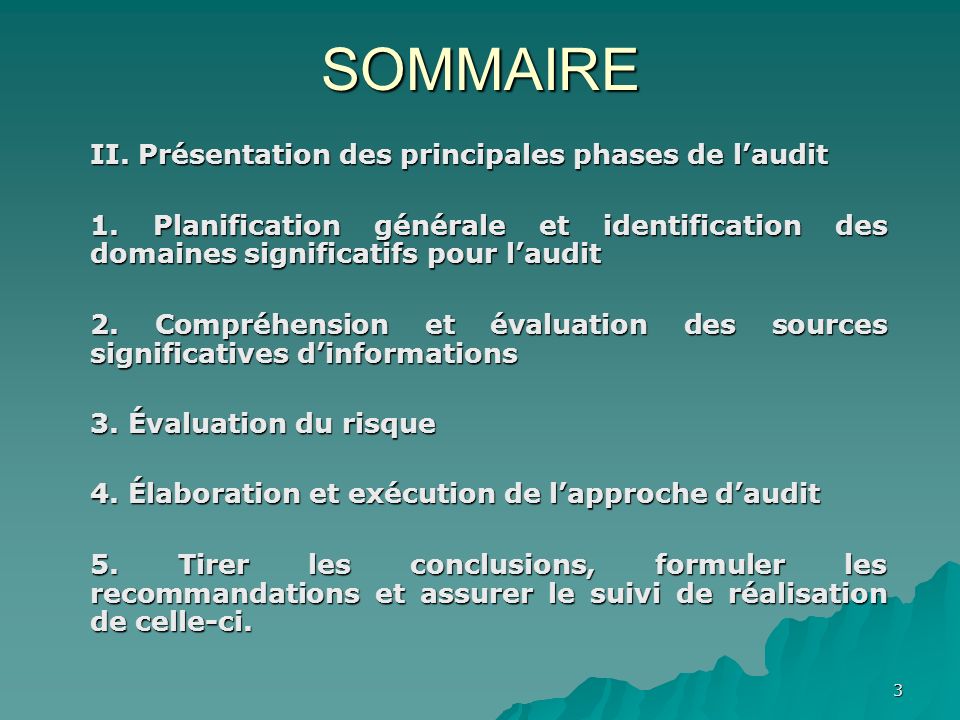 3 SOMMAIRE II. Présentation des principales phases de laudit 1.