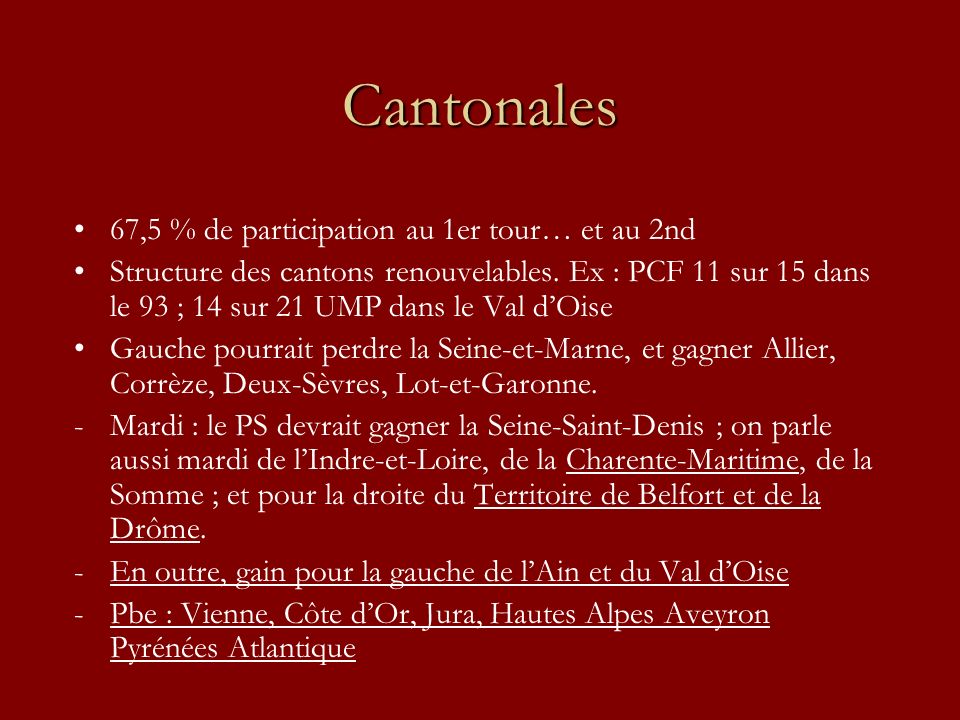 Cantonales 67,5 % de participation au 1er tour… et au 2nd Structure des cantons renouvelables.
