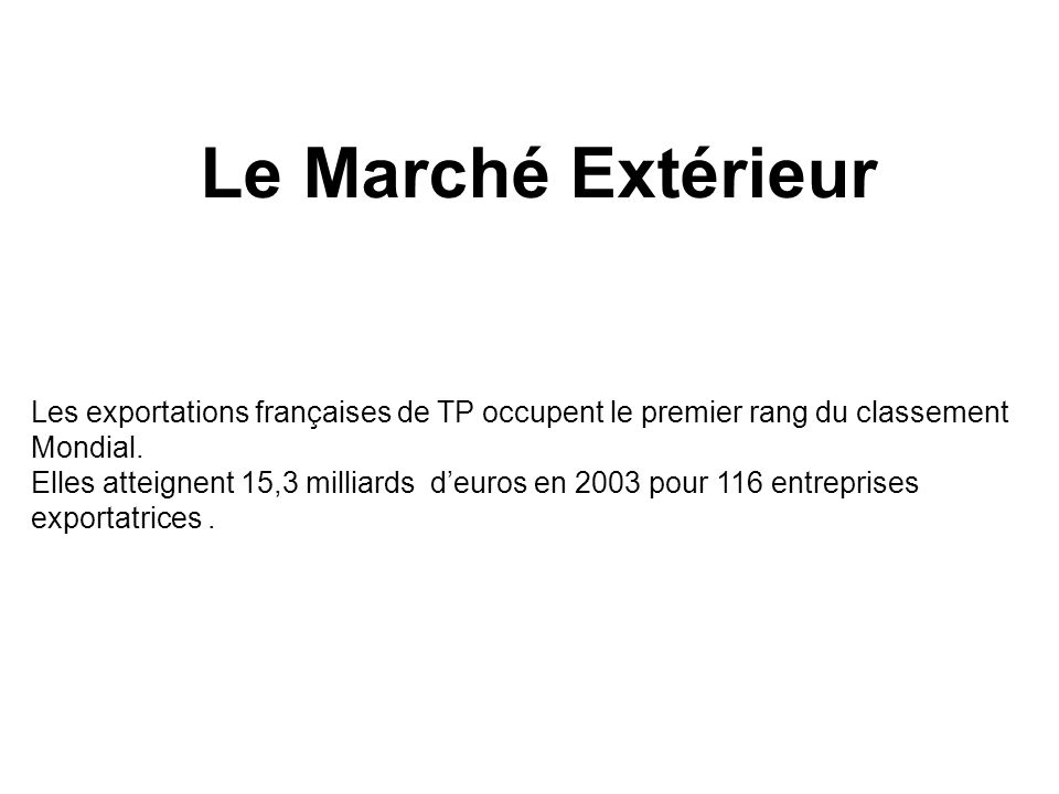 Le Marché Extérieur Les exportations françaises de TP occupent le premier rang du classement Mondial.