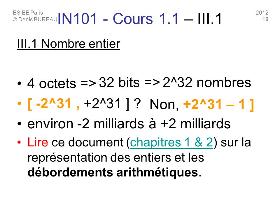 ESIEE Paris © Denis BUREAU IN101 - Cours 1.1 – III.1 III.1 Nombre entier 4 octets => [ -2^31, +2^31 ] .