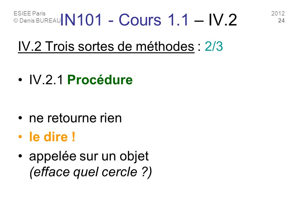 ESIEE Paris © Denis BUREAU IN101 - Cours 1.1 – IV.2 IV.2 Trois sortes de méthodes : 2/3 IV.2.1 Procédure ne retourne rien le dire .