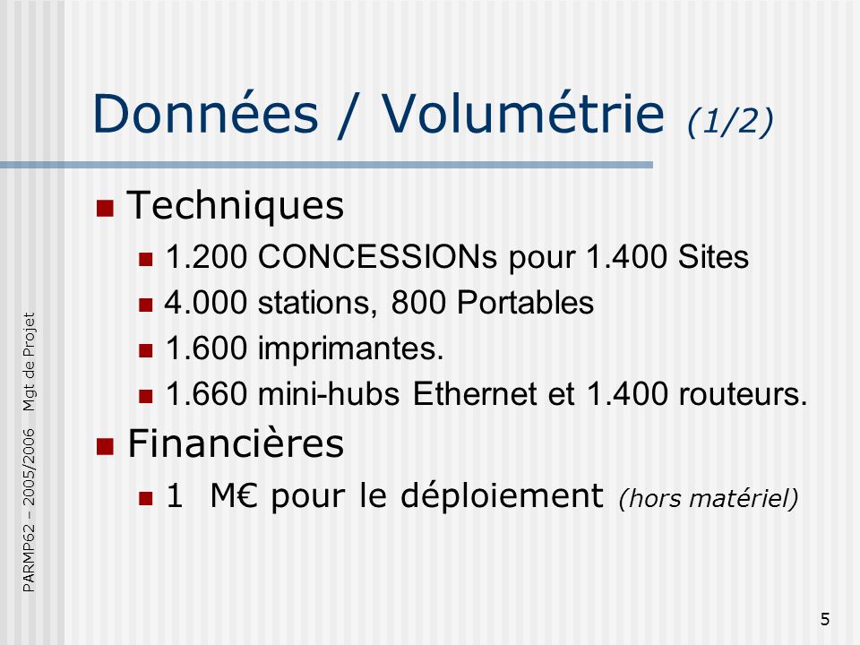 PARMP62 – 2005/2006 Mgt de Projet 5 Données / Volumétrie (1/2) Techniques CONCESSIONs pour Sites stations, 800 Portables imprimantes.
