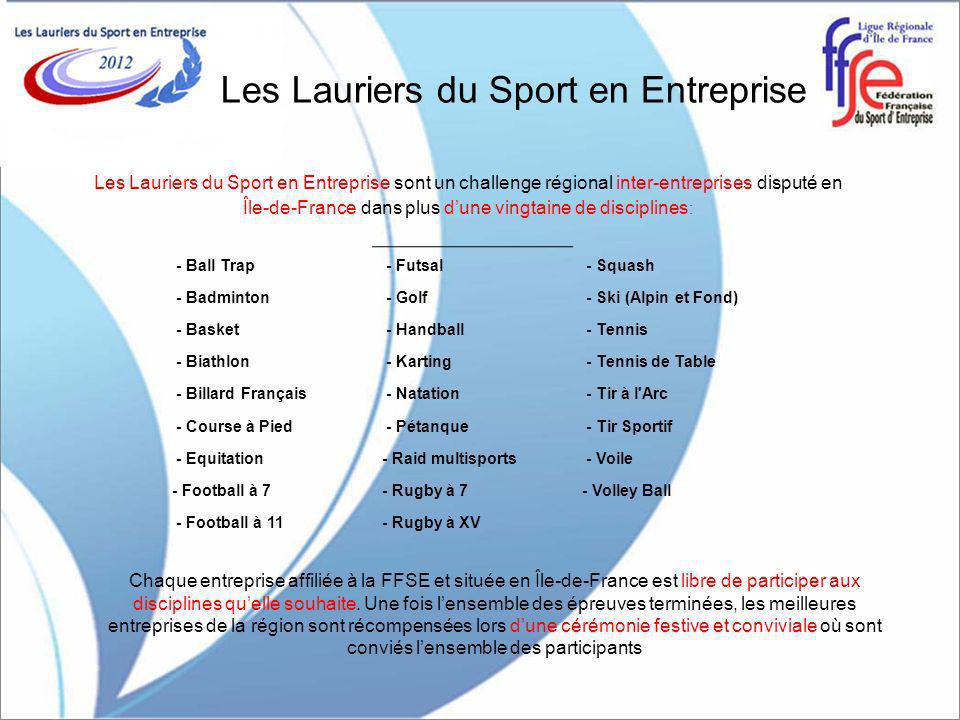 Les Lauriers du Sport en Entreprise Les Lauriers du Sport en Entreprise sont un challenge régional inter-entreprises disputé en Île-de-France dans plus dune vingtaine de disciplines : Chaque entreprise affiliée à la FFSE et située en Île-de-France est libre de participer aux disciplines quelle souhaite.