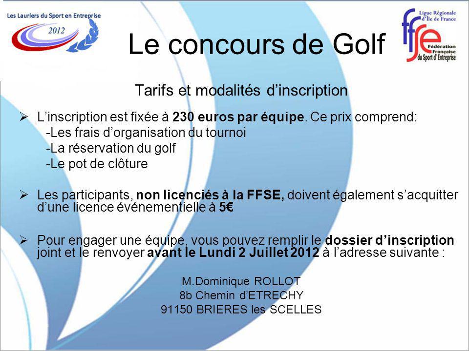 Le concours de Golf Tarifs et modalités dinscription Linscription est fixée à 230 euros par équipe.