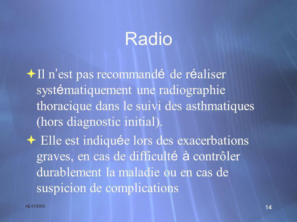 AE 01/ Radio Il n est pas recommand é de r é aliser syst é matiquement une radiographie thoracique dans le suivi des asthmatiques (hors diagnostic initial).