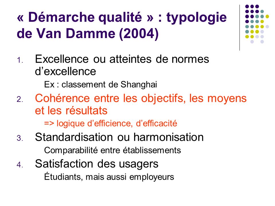 « Démarche qualité » : typologie de Van Damme (2004) 1.
